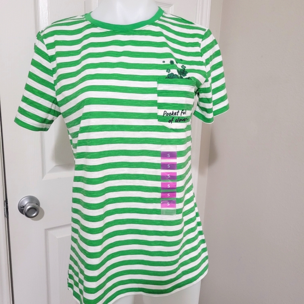 Pocket Full Of Clovers 🍀 TShirt Green & White Stripes St Patrick's Day S NWT